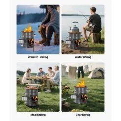 VEVOR Camping Rocket Stove, Wood Burning Portable Rocket Stove with Carrying Bag for Backpacking, SPCC Steel, Double Door, Burn Twigs, Sticks or Charcoals for Outdoor Cooking, Backyard, Camp Cooking