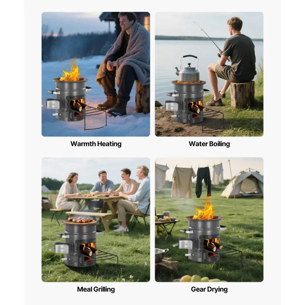VEVOR Camping Rocket Stove, Wood Burning Portable Rocket Stove with Carrying Bag for Backpacking, SPCC Steel, Double Door, Burn Twigs, Sticks or Charcoals for Outdoor Cooking, Backyard, Camp Cooking
