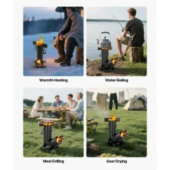 VEVOR Camping Rocket Stove, Wood Burning Portable Rocket Stove with Carrying Bag for Backpacking, Carbon Steel, Burn Wood, Twigs or Sticks for Outdoor Cooking, Backyard, Camp Cooking, Heating, Black