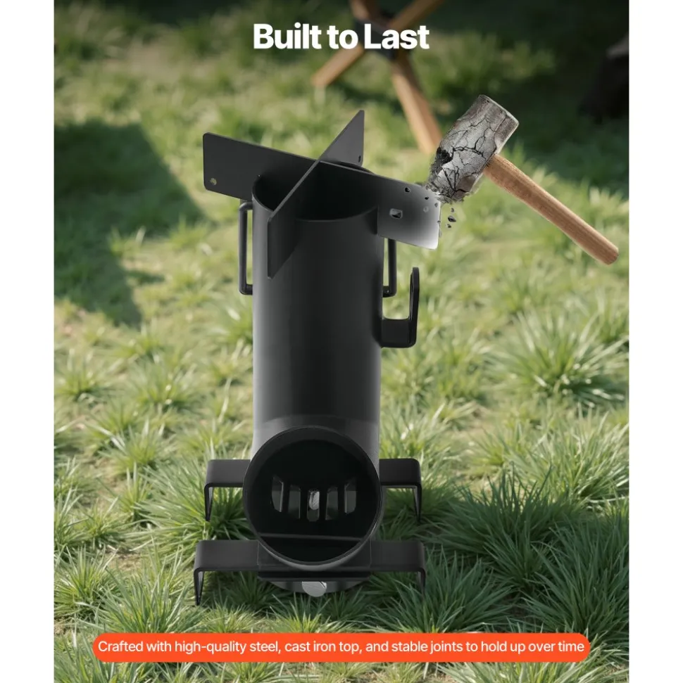 VEVOR Camping Rocket Stove, Wood Burning Portable Rocket Stove with Carrying Bag for Backpacking, Carbon Steel, Burn Wood, Twigs or Sticks for Outdoor Cooking, Backyard, Camp Cooking, Heating, Black