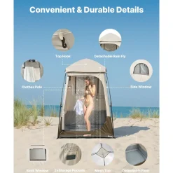 VEVOR Camping Shower Tent, 1 Room, Foldable Privacy Tent Changing Room with Ground Stakes, Ropes, Carry Bag, and Crossbar, 210D Oxford Fabric with Silver Coating, for Camping, Beach, and Fishing