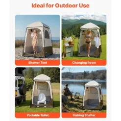 VEVOR Camping Shower Tent, 1 Room, Foldable Privacy Tent Changing Room with Ground Stakes, Ropes, Carry Bag, and Crossbar, 210D Oxford Fabric with Silver Coating, for Camping, Beach, and Fishing