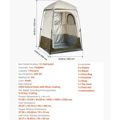 VEVOR Camping Shower Tent, 1 Room, Foldable Privacy Tent Changing Room with Ground Stakes, Ropes, Carry Bag, and Crossbar, 210D Oxford Fabric with Silver Coating, for Camping, Beach, and Fishing