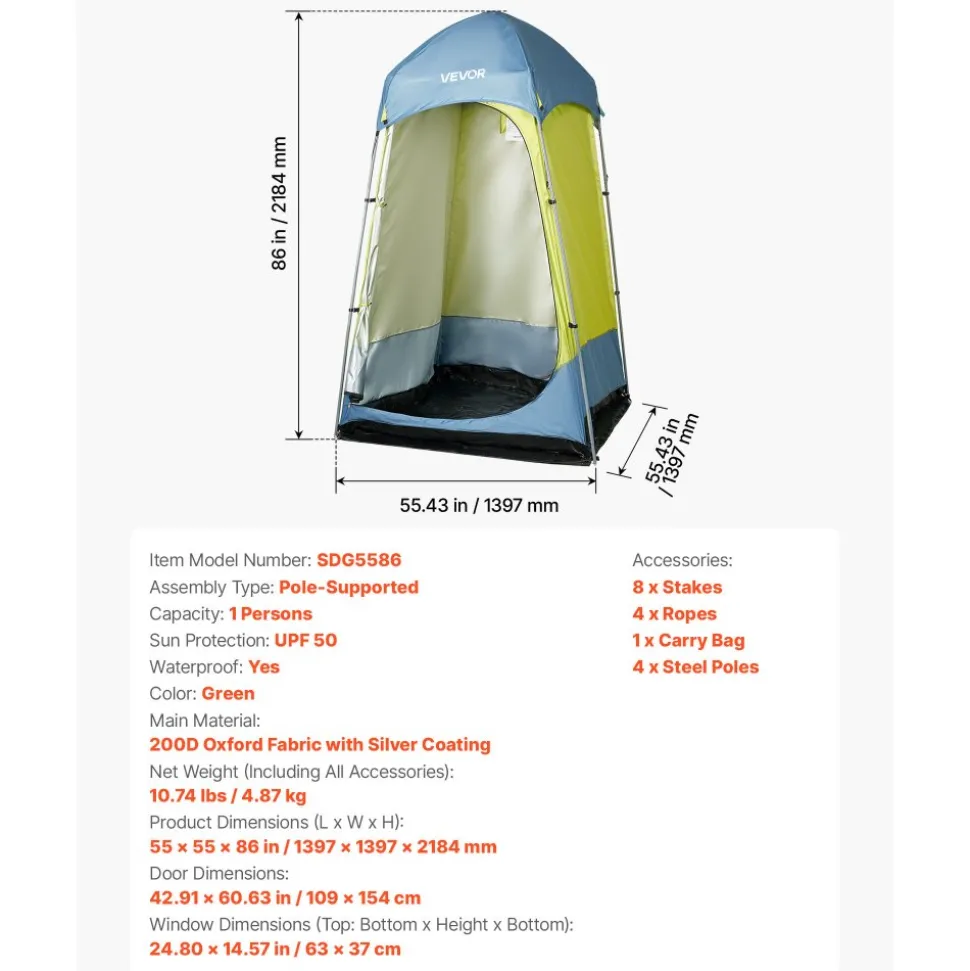 VEVOR Camping Shower Tent, 1 Room, Portable Privacy Tent Changing Room with Ground Stakes, Ropes, Carry Bag, and Steel Poles, 200D Oxford Fabric with Silver Coating, for Camping, Beach, Fishing