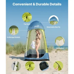 VEVOR Camping Shower Tent, 1 Room, Portable Privacy Tent Changing Room with Ground Stakes, Ropes, Carry Bag, and Steel Poles, 200D Oxford Fabric with Silver Coating, for Camping, Beach, Fishing