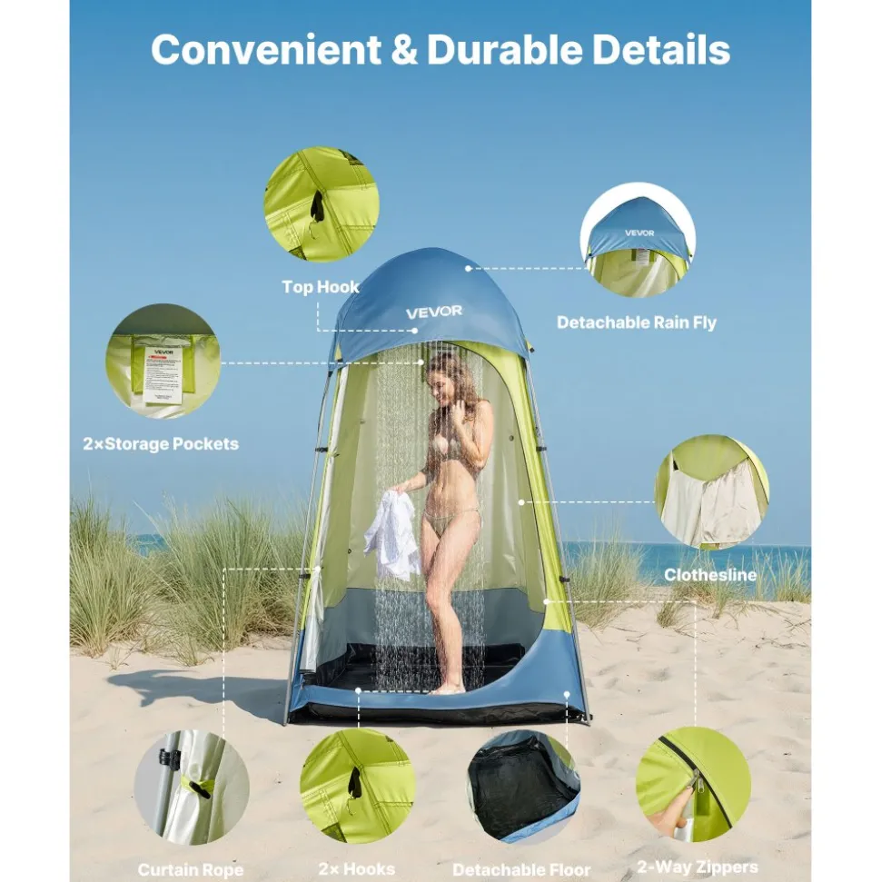 VEVOR Camping Shower Tent, 1 Room, Portable Privacy Tent Changing Room with Ground Stakes, Ropes, Carry Bag, and Steel Poles, 200D Oxford Fabric with Silver Coating, for Camping, Beach, Fishing
