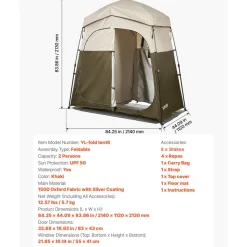 VEVOR Camping Shower Tent, 2-Room Foldable Portable Privacy Tent Changing Room with Ground Stakes, Ropes, and Carry Bag, 150D Oxford Fabric with Silver Coating, for Camping, Beach, and Fishing