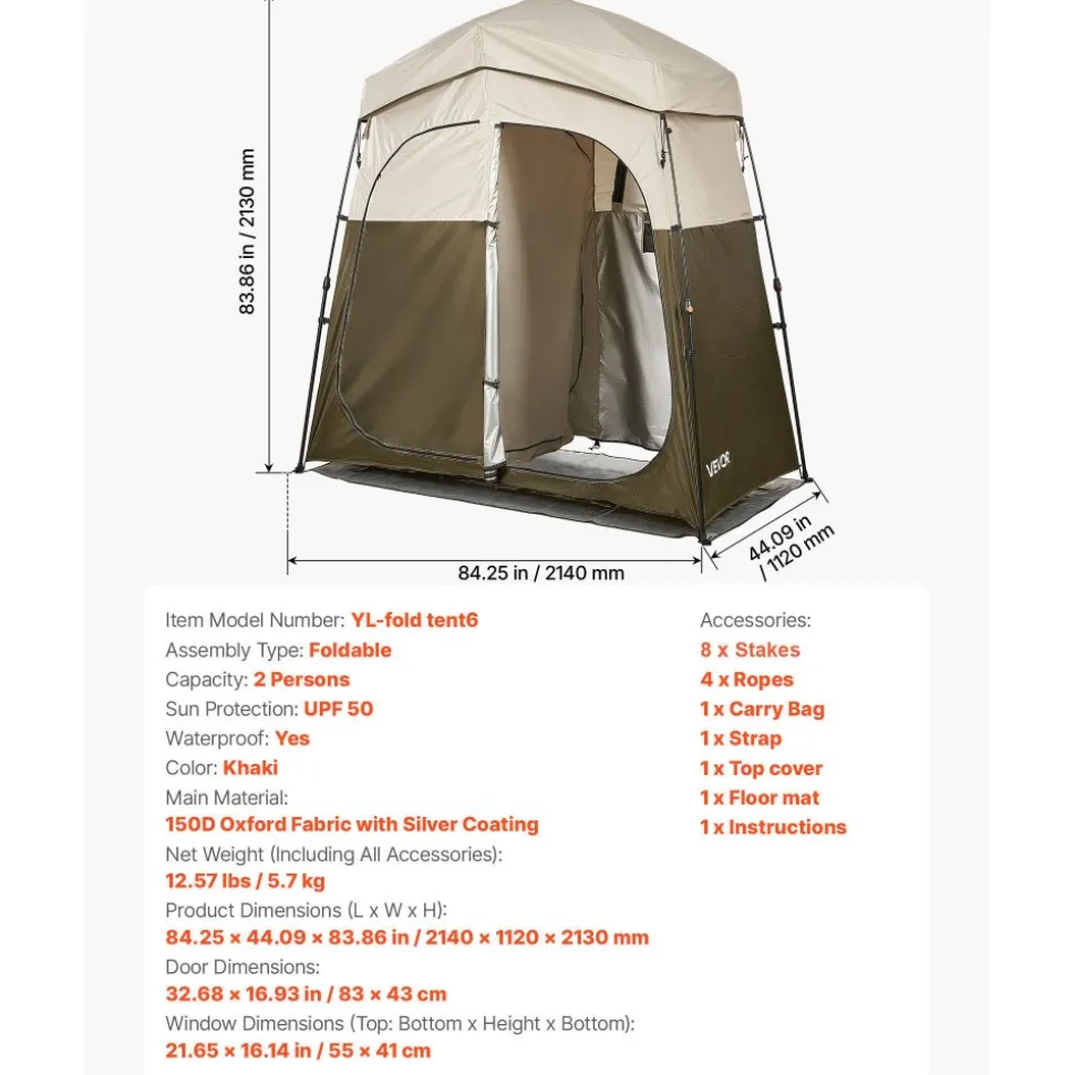 VEVOR Camping Shower Tent, 2-Room Foldable Portable Privacy Tent Changing Room with Ground Stakes, Ropes, and Carry Bag, 150D Oxford Fabric with Silver Coating, for Camping, Beach, and Fishing