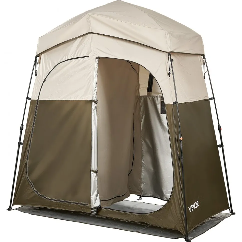 VEVOR Camping Shower Tent, 2-Room Foldable Portable Privacy Tent Changing Room with Ground Stakes, Ropes, and Carry Bag, 150D Oxford Fabric with Silver Coating, for Camping, Beach, and Fishing