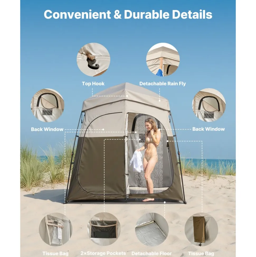 VEVOR Camping Shower Tent, 2-Room Foldable Portable Privacy Tent Changing Room with Ground Stakes, Ropes, and Carry Bag, 150D Oxford Fabric with Silver Coating, for Camping, Beach, and Fishing