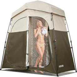 VEVOR Camping Shower Tent, 2-Room Foldable Portable Privacy Tent Changing Room with Ground Stakes, Ropes, and Carry Bag, 150D Oxford Fabric with Silver Coating, for Camping, Beach, and Fishing