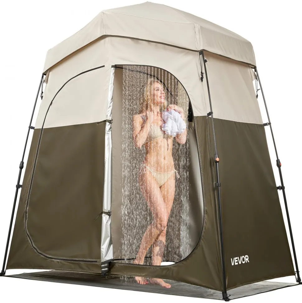 VEVOR Camping Shower Tent, 2-Room Foldable Portable Privacy Tent Changing Room with Ground Stakes, Ropes, and Carry Bag, 150D Oxford Fabric with Silver Coating, for Camping, Beach, and Fishing