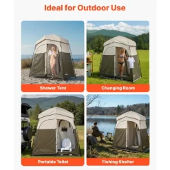 VEVOR Camping Shower Tent, 2-Room Foldable Portable Privacy Tent Changing Room with Ground Stakes, Ropes, and Carry Bag, 150D Oxford Fabric with Silver Coating, for Camping, Beach, and Fishing