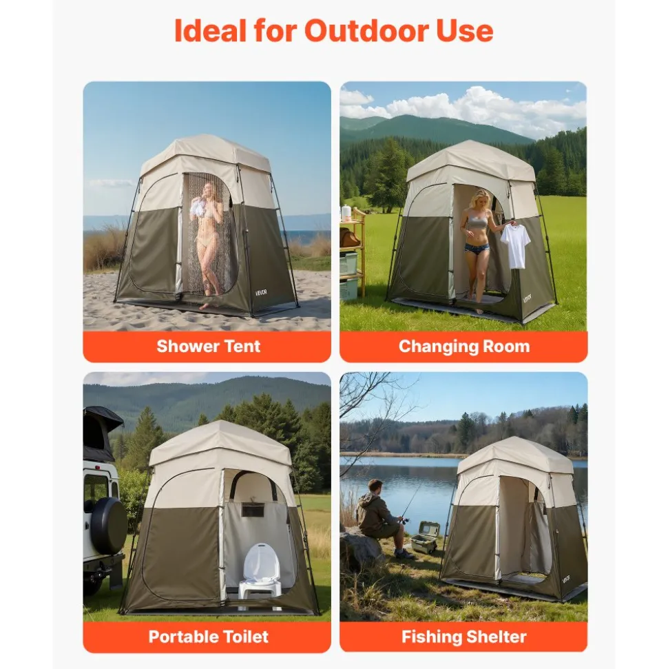 VEVOR Camping Shower Tent, 2-Room Foldable Portable Privacy Tent Changing Room with Ground Stakes, Ropes, and Carry Bag, 150D Oxford Fabric with Silver Coating, for Camping, Beach, and Fishing