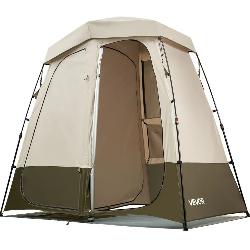 VEVOR Camping Shower Tent, 2-Room Foldable Privacy Tent Changing Room with Ground Stakes, Ropes, Carry Bag, and Crossbar, 150D Oxford Fabric with Silver Coating, for Camping, Beach, and Fishing