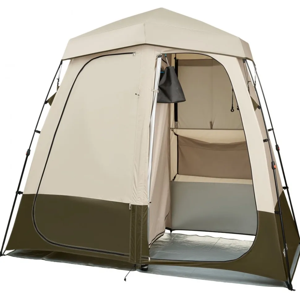 VEVOR Camping Shower Tent, 2-Room Foldable Privacy Tent Changing Room with Ground Stakes, Ropes, Carry Bag, and Crossbar, 150D Oxford Fabric with Silver Coating, for Camping, Beach, and Fishing
