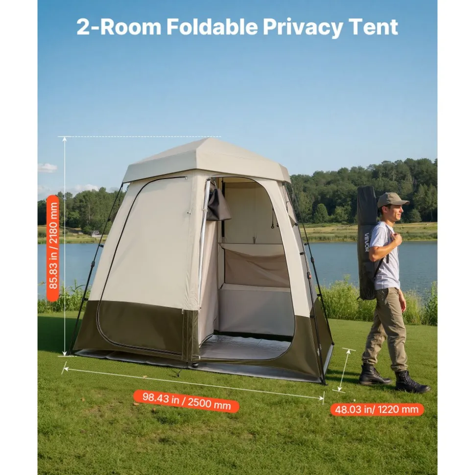 VEVOR Camping Shower Tent, 2-Room Foldable Privacy Tent Changing Room with Ground Stakes, Ropes, Carry Bag, and Crossbar, 150D Oxford Fabric with Silver Coating, for Camping, Beach, and Fishing
