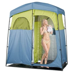 VEVOR Camping Shower Tent, 2-Room Portable Privacy Tent Changing Room with Shower Bag, Ground Stakes, Ropes, Carry Bag, and Support Poles, 150D Oxford Fabric with Silver Coating, for Camping, Fishing