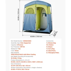 VEVOR Camping Shower Tent, 2-Room Portable Privacy Tent Changing Room with Shower Bag, Ground Stakes, Ropes, Carry Bag, and Support Poles, 150D Oxford Fabric with Silver Coating, for Camping, Fishing