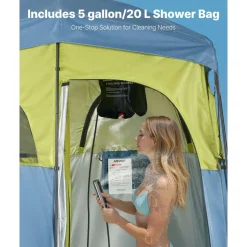 VEVOR Camping Shower Tent, 2-Room Portable Privacy Tent Changing Room with Shower Bag, Ground Stakes, Ropes, Carry Bag, and Support Poles, 150D Oxford Fabric with Silver Coating, for Camping, Fishing
