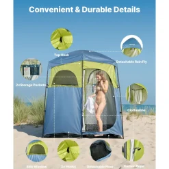 VEVOR Camping Shower Tent, 2-Room Portable Privacy Tent Changing Room with Shower Bag, Ground Stakes, Ropes, Carry Bag, and Support Poles, 150D Oxford Fabric with Silver Coating, for Camping, Fishing