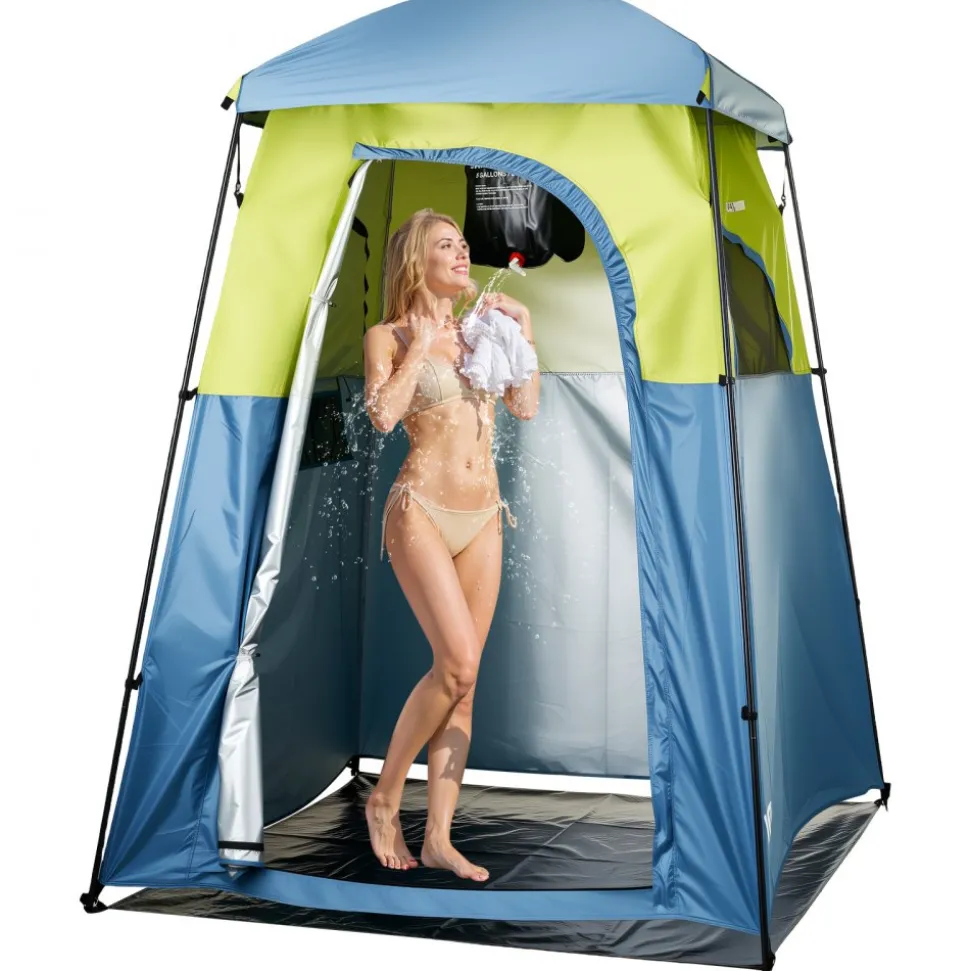 VEVOR Camping Shower Tent, 1 Room, Portable Privacy Tent Changing Room with Shower Bag, Ground Stakes, Ropes, Carry Bag, and Support Poles, 150D Oxford Fabric with Silver Coating, for Camping, Fishing