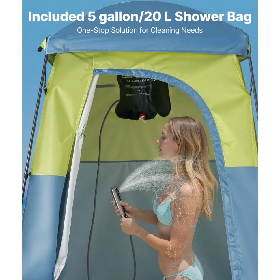 VEVOR Camping Shower Tent, 1 Room, Portable Privacy Tent Changing Room with Shower Bag, Ground Stakes, Ropes, Carry Bag, and Support Poles, 150D Oxford Fabric with Silver Coating, for Camping, Fishing