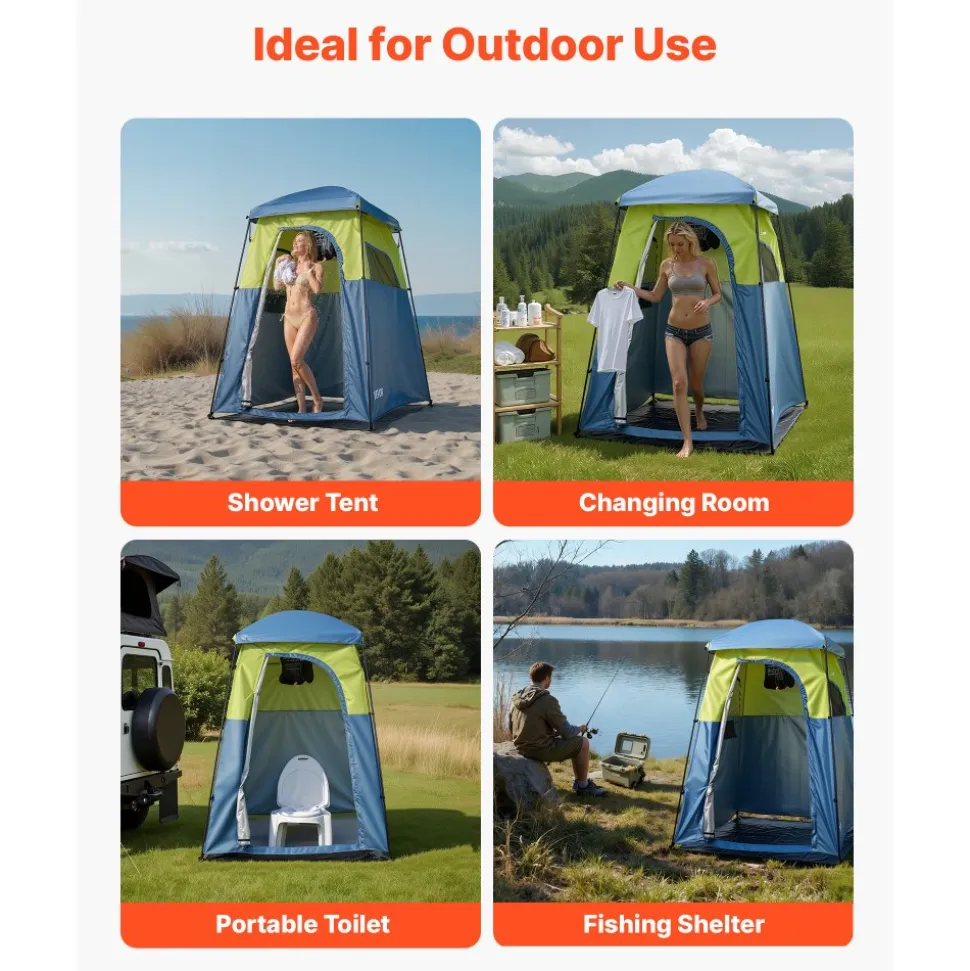 VEVOR Camping Shower Tent, 1 Room, Portable Privacy Tent Changing Room with Shower Bag, Ground Stakes, Ropes, Carry Bag, and Support Poles, 150D Oxford Fabric with Silver Coating, for Camping, Fishing