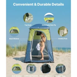 VEVOR Camping Shower Tent, 1 Room, Portable Privacy Tent Changing Room with Shower Bag, Ground Stakes, Ropes, Carry Bag, and Support Poles, 150D Oxford Fabric with Silver Coating, for Camping, Fishing