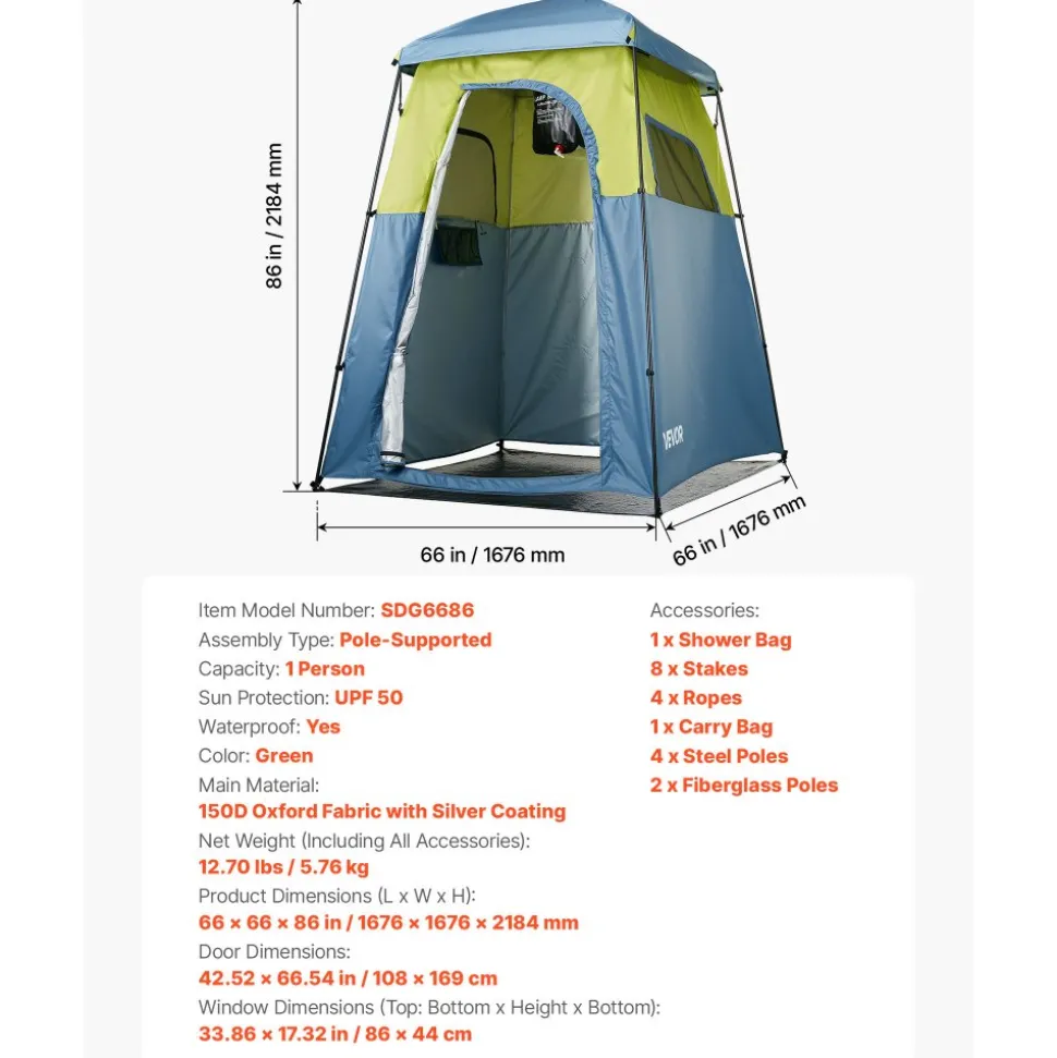 VEVOR Camping Shower Tent, 1 Room, Portable Privacy Tent Changing Room with Shower Bag, Ground Stakes, Ropes, Carry Bag, and Support Poles, 150D Oxford Fabric with Silver Coating, for Camping, Fishing