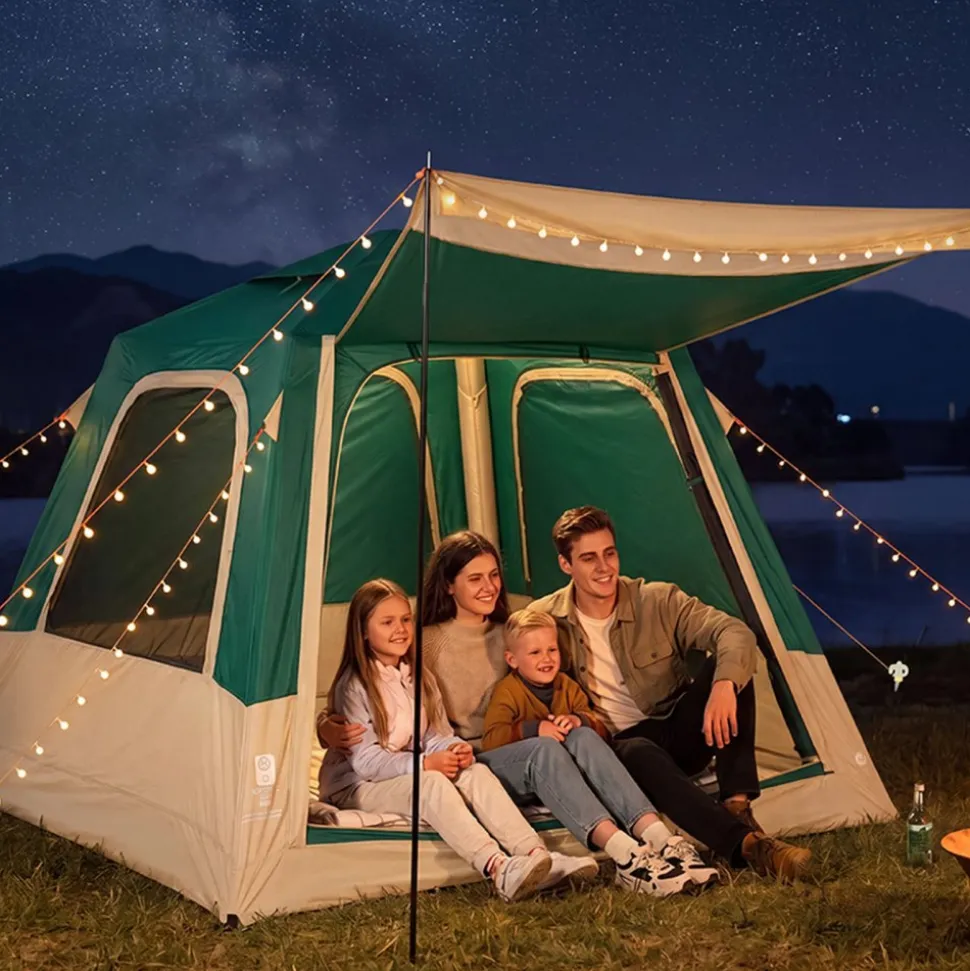 VEVOR Camping Tent, 4 Person Inflatable Cabin Tent with Rechargeable Pump, TPU Air Tube & 5 Large Mesh Windows, Portable Easy Setup Waterproof with Carry Bag for Family Outdoor Camping & Hiking, Green