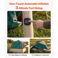 VEVOR Camping Tent, 4 Person Inflatable Cabin Tent with Rechargeable Pump, TPU Air Tube & 5 Large Mesh Windows, Portable Easy Setup Waterproof with Carry Bag for Family Outdoor Camping & Hiking, Green