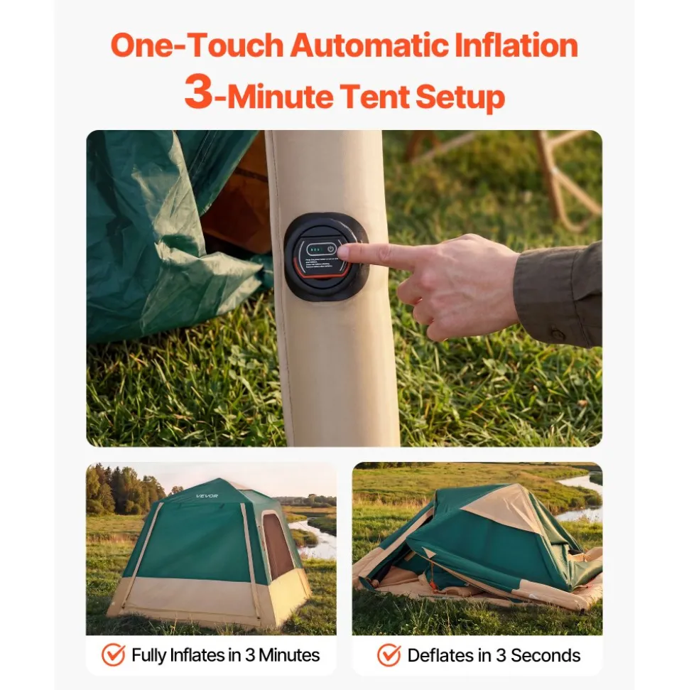 VEVOR Camping Tent, 4 Person Inflatable Cabin Tent with Rechargeable Pump, TPU Air Tube & 5 Large Mesh Windows, Portable Easy Setup Waterproof with Carry Bag for Family Outdoor Camping & Hiking, Green
