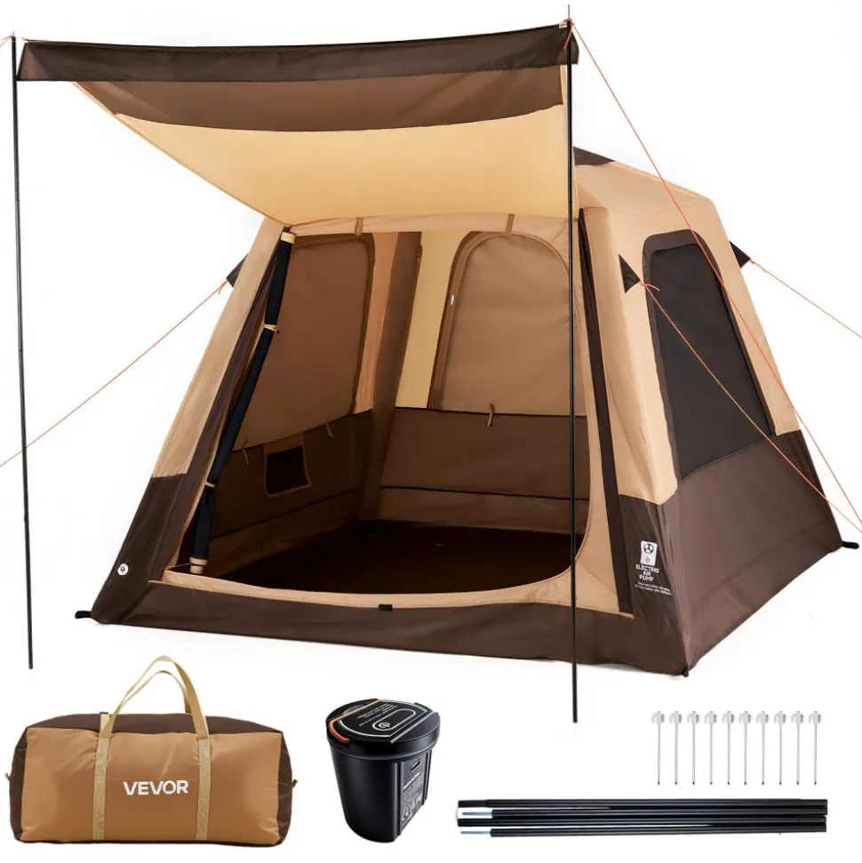 VEVOR Camping Tent, 4 Person Inflatable Cabin Tent with Rechargeable Pump, TPU Air Tube & 5 Large Mesh Windows, Portable Easy Setup Waterproof with Carry Bag for Family Outdoor Camping & Hiking, Beige