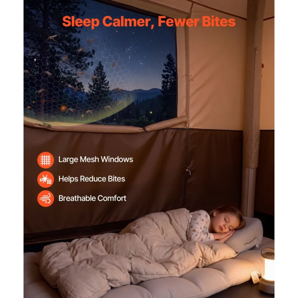 VEVOR Camping Tent, 8 Person Inflatable Cabin Tent with Rechargeable Pump, TPU Air Tube & 4 Large Mesh Windows, Portable Easy Setup Waterproof with Carry Bag for Family Outdoor Camping & Hiking, Beige