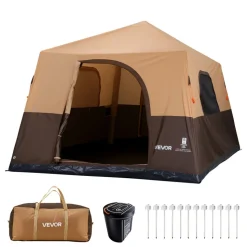 VEVOR Camping Tent, 8 Person Inflatable Cabin Tent with Rechargeable Pump, TPU Air Tube & 4 Large Mesh Windows, Portable Easy Setup Waterproof with Carry Bag for Family Outdoor Camping & Hiking, Beige