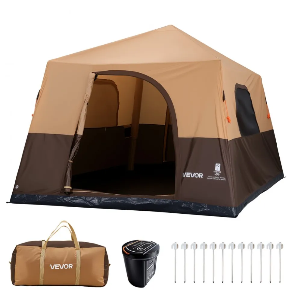 VEVOR Camping Tent, 8 Person Inflatable Cabin Tent with Rechargeable Pump, TPU Air Tube & 4 Large Mesh Windows, Portable Easy Setup Waterproof with Carry Bag for Family Outdoor Camping & Hiking, Beige