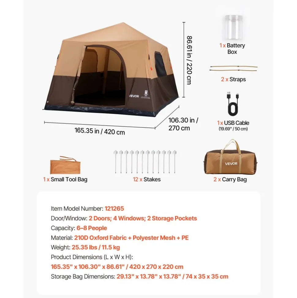 VEVOR Camping Tent, 8 Person Inflatable Cabin Tent with Rechargeable Pump, TPU Air Tube & 4 Large Mesh Windows, Portable Easy Setup Waterproof with Carry Bag for Family Outdoor Camping & Hiking, Beige