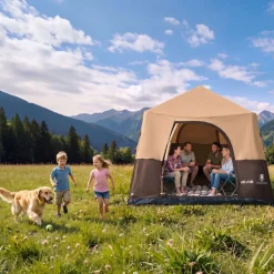 VEVOR Camping Tent, 8 Person Inflatable Cabin Tent with Rechargeable Pump, TPU Air Tube & 4 Large Mesh Windows, Portable Easy Setup Waterproof with Carry Bag for Family Outdoor Camping & Hiking, Beige