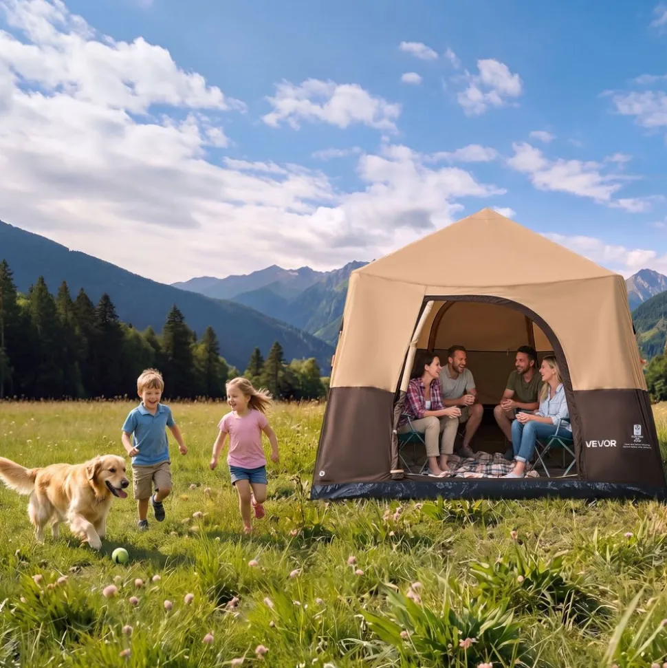 VEVOR Camping Tent, 8 Person Inflatable Cabin Tent with Rechargeable Pump, TPU Air Tube & 4 Large Mesh Windows, Portable Easy Setup Waterproof with Carry Bag for Family Outdoor Camping & Hiking, Beige