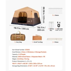 VEVOR Camping Tent, 6 Person Inflatable Cabin Tent with Rechargeable Pump, TPU Air Tube & 4 Large Mesh Windows, Portable Easy Setup Waterproof with Carry Bag for Family Outdoor Camping & Hiking, Beige
