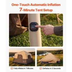 VEVOR Camping Tent, 6 Person Inflatable Cabin Tent with Rechargeable Pump, TPU Air Tube & 4 Large Mesh Windows, Portable Easy Setup Waterproof with Carry Bag for Family Outdoor Camping & Hiking, Beige