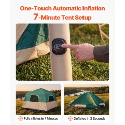 VEVOR Camping Tent, 6 Person Inflatable Cabin Tent with Rechargeable Pump, TPU Air Tube & 4 Large Mesh Windows, Portable Easy Setup Waterproof with Carry Bag for Family Outdoor Camping & Hiking, Green