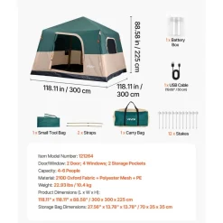 VEVOR Camping Tent, 6 Person Inflatable Cabin Tent with Rechargeable Pump, TPU Air Tube & 4 Large Mesh Windows, Portable Easy Setup Waterproof with Carry Bag for Family Outdoor Camping & Hiking, Green