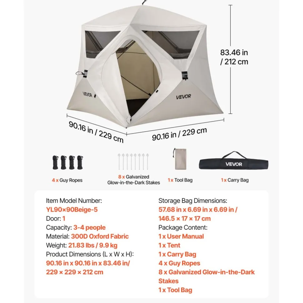 VEVOR Camping Tent, 4 Person Pop Up Instant Cabin Tent with Large Mesh Windows, 60 Seconds Easy Setup, Portable Cabin Hub Tents with Carry Bag for Family Outdoor Camping & Hiking, Upgraded Ventilation