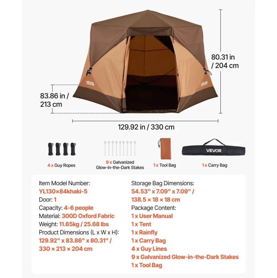VEVOR Camping Tent, 6 Person Pop Up Instant Cabin Tent with Rainfly & Large Mesh Windows, 60 Seconds Easy Setup, Portable Waterproof Cabin Hub Tents with Carry Bag for Family Outdoor Camping & Hiking