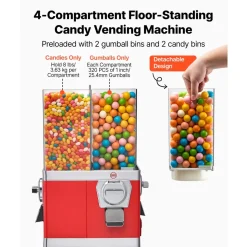 VEVOR Candy Vending Machine, Four Compartment Candy Vending Machine with Stand, Gumball & Candies Vendings Machines with Adjustable Height, Vintage Candies Dispenser for Shop, Arcade, Family Gathering