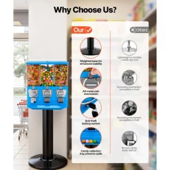 VEVOR Candy Vending Machine, Triple Compartment Candy Vending Machine with Stand, Gumball & Candies Vendings Machines with Built-In Cash Box, Detachable, Vintage Candies Dispenser for Shops, Arcades