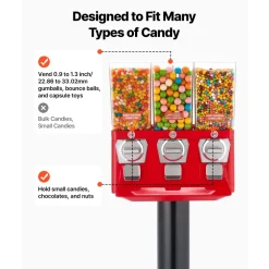 VEVOR Candy Vending Machine, Triple Compartment Candy Vending Machine with Stand, Gumball & Candies Vendings Machines with Built-In Cash Box, Detachable, Vintage Candies Dispenser for Shops, Arcades