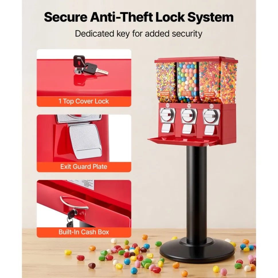 VEVOR Candy Vending Machine, Triple Compartment Candy Vending Machine with Stand, Gumball & Candies Vendings Machines with Built-In Cash Box, Detachable, Vintage Candies Dispenser for Shops, Arcades